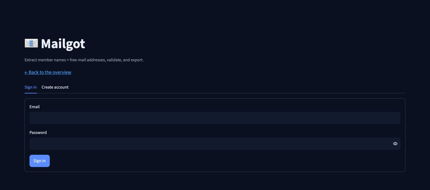 Mailgot sign in and create account screen