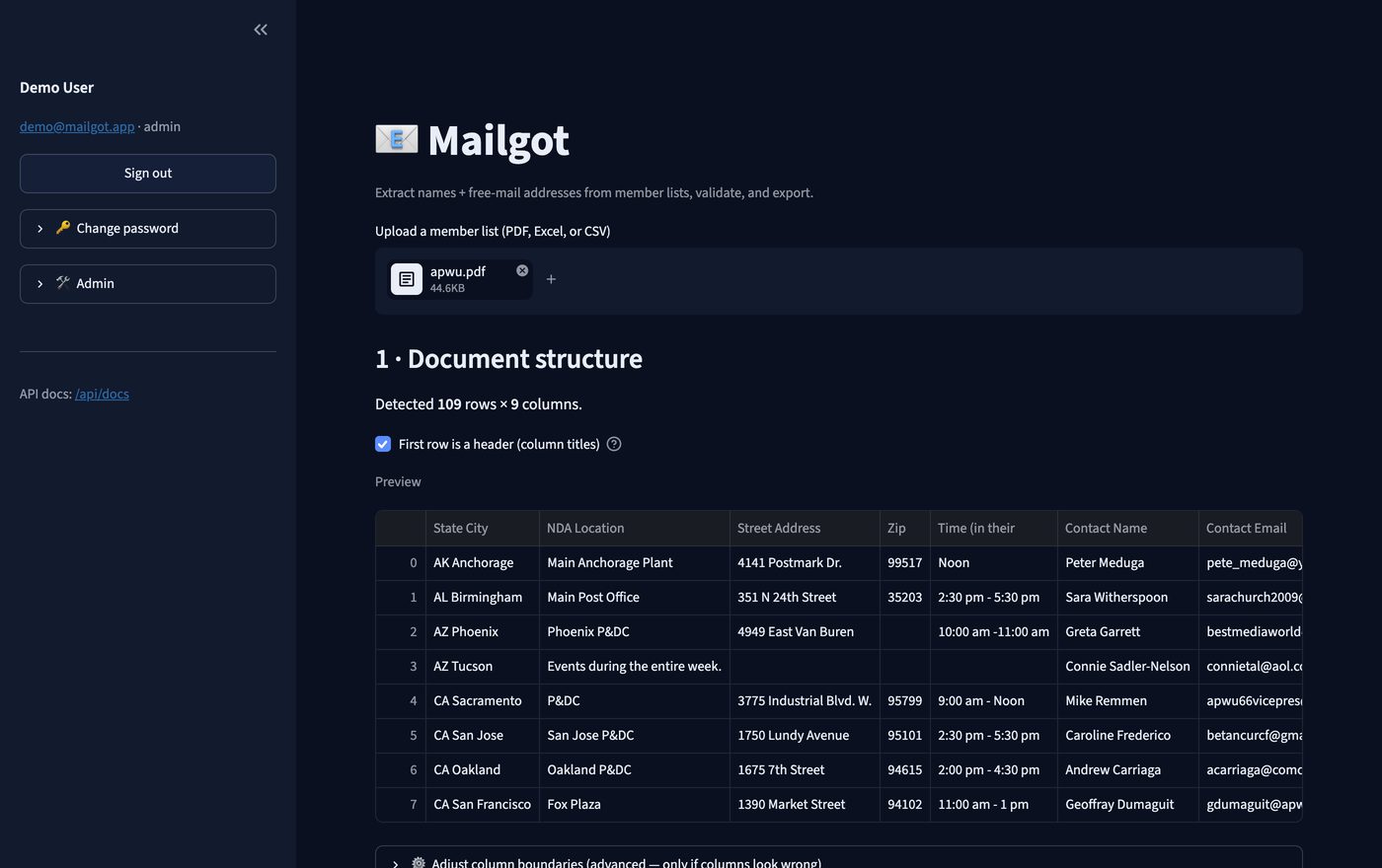 Mailgot showing detected document structure and column mapping