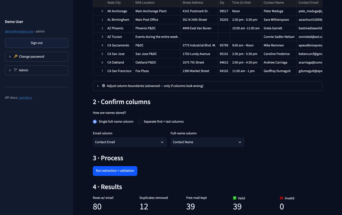 Mailgot results view showing extracted names, emails and validation status